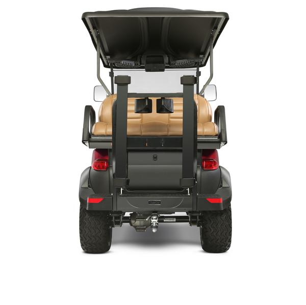Rear view of an Onward golf buggy from Club Car as a 4-seater in the lifted version.