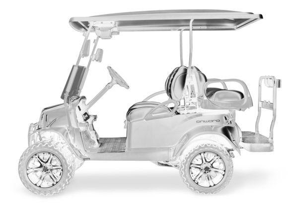 Club Car Onward 4PL Seitliche Darstellung eines Club Car Onward Carts für 4 Personen in Schwarz Weiß