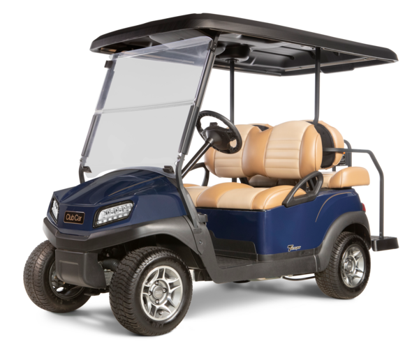 Blaues Golfcart mit 4 Sitzplätzen, 2 Plätze sind entgegen der Fahrtrichtung platziert.