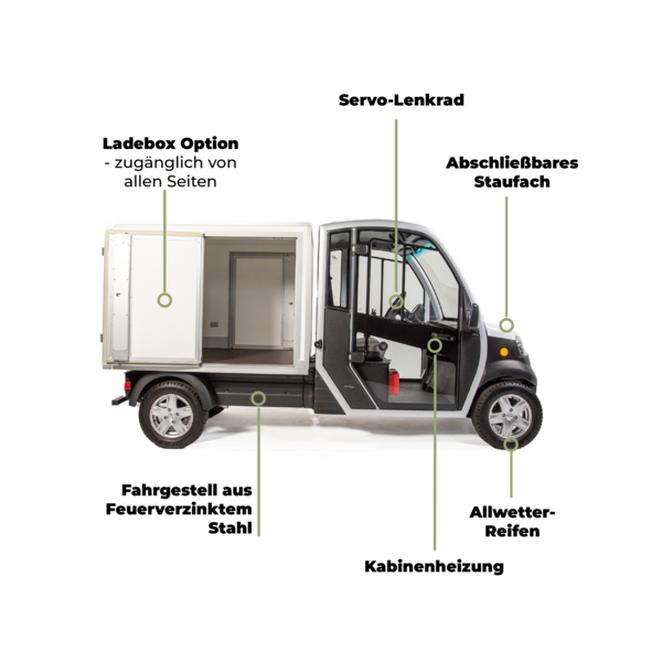 Seitliche Ansicht und Spezifikationen zum Club Car Elektrotransporter URBAN mit Fahrerkabine und großer Cargobox..