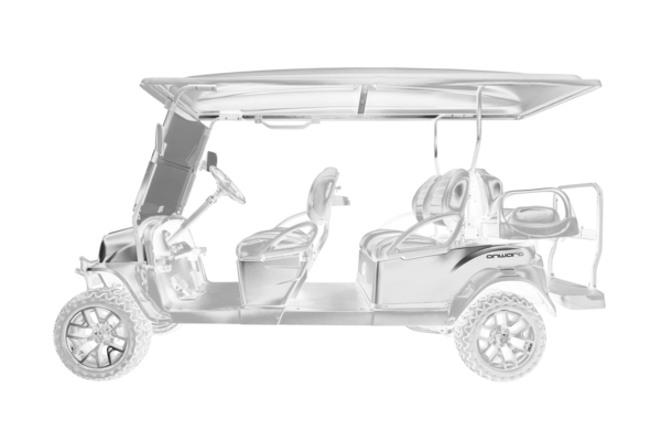Club Car Onward 6P Seitliche Darstellung eines Club Car Onward Carts mit 6 Plätzen in Schwarz Weiß