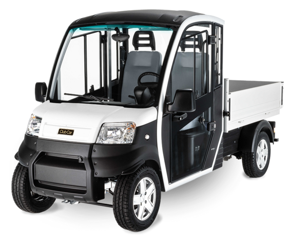 Weißer Elektrotransporter URBAN mit Fahrerkabine und großer Ladefläche.
