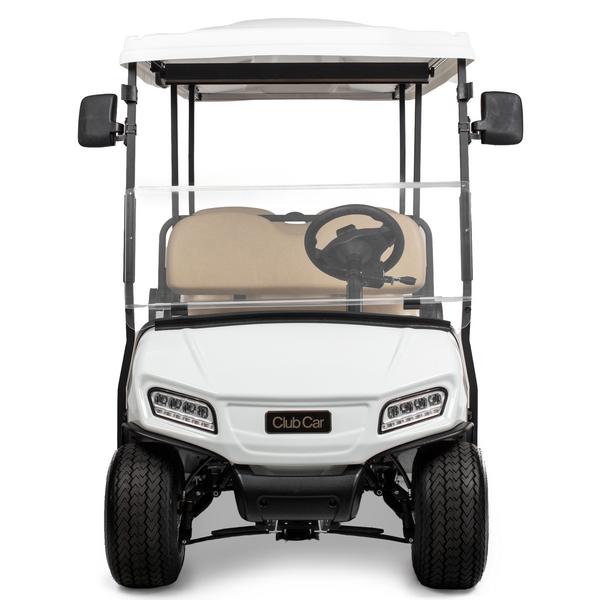 Frontale Ansicht des Personentransporters Club Car Villager mit Frontscheinwerfern, Dach und Windschutzscheibe.