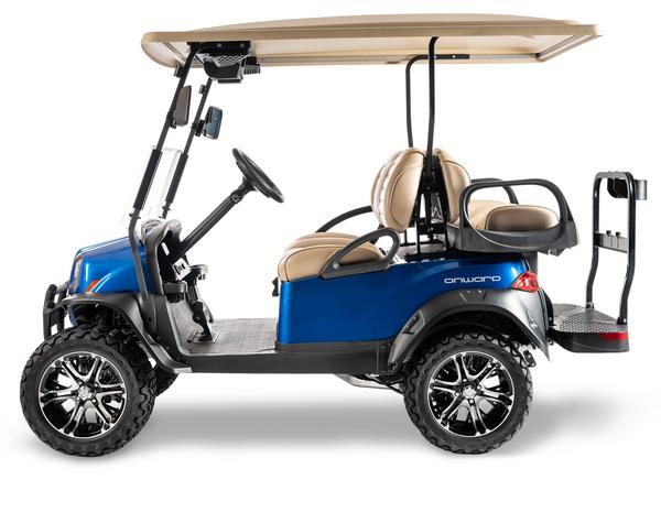 Side view of an Onward golf buggy from Club Car as a 4-seater in the lifted version.