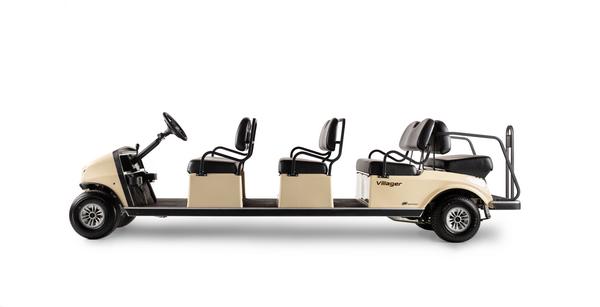 Seitliche Ansicht des Personentransporters Club Car Villager mit 8 Sitzplätzen ohne Dach. 