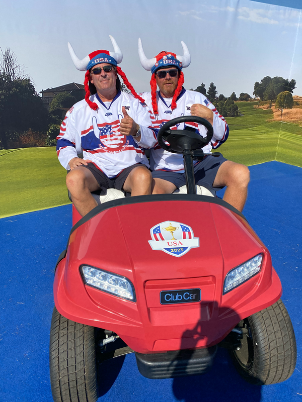 US fans in the USA team buggy at the 2023 Ryder Cup in Rome.