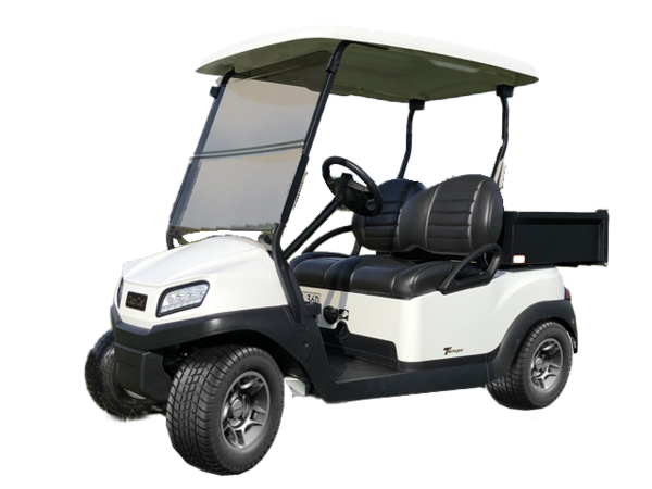 Club Car Tempo Work Weißes Golfcart mit zwei Sitzplätzen, Ladefläche und Frontscheinwerfern.