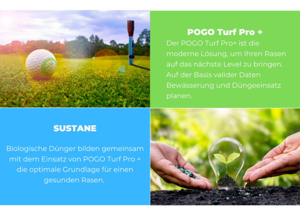Turf Care Group Visual Infografik mit Texten zur Marke Turf Care sowie Bildern eines Golfballs auf dem Tee und zwei Händen die eine junge Pflanze halten.