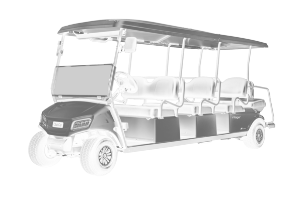 Club Car Villager 8 Seitliche Darstellung eines Club Car Villager Personentransporters mit 8 Sitzplätzen in Schwarz Weiß