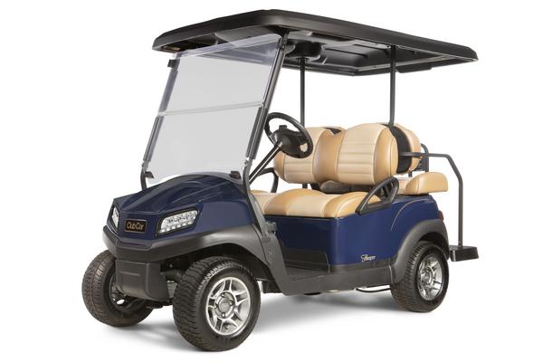 Blaues Golfcart mit 4 Sitzplätzen, Dach und Scheibe.